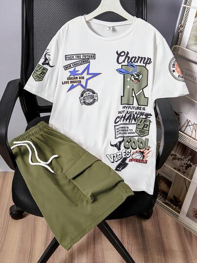 2pcs/Set Teenage Boys Casual Graphic Tee And Loose Fit Cargo Shorts Outfit