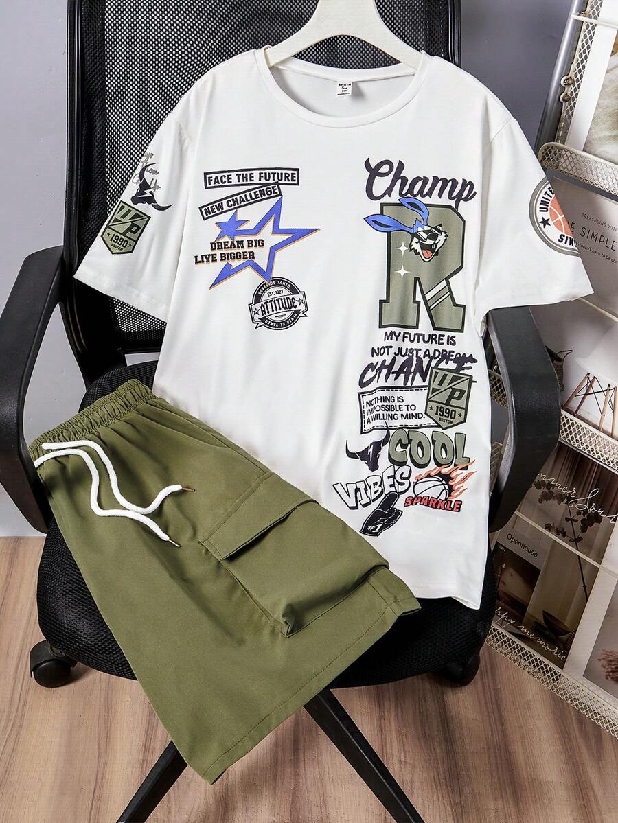 2 pezzi/Set Maglietta grafica casual e pantaloncini cargo con vestibilità ampia per ragazzi adolescenti - Verde militare - Visualizzare 1