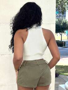 Alexandranx 休闲高领无袖不对称下摆修身针织背心 - 白色 - 查看 2