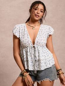 Plus Size Ditsy Floral Ruffle Sleeve Tie Front Summer Fashion T-Shirt - White - View 4
