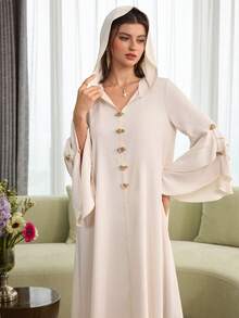 Al Najma Layered Floral Jacquard Hooded Cape With Ruffled Hem And Puff Sleeves, Elegant Robe - Apricot - View 3