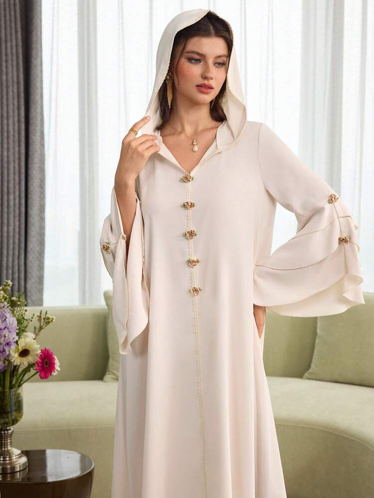 Al Najma Cape à capuche en jacquard floral à plusieurs couches avec ourlet volant et manches bouffantes, robe élégante - Nude - Voir 11