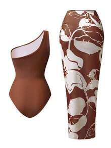 Swim Oasis Bộ 2 món dành cho nữ, gồm áo tắm liền thân một mảnh màu trơn xếp ly và khăn sarong in họa tiết. - Cà phê nâu - Xem 2