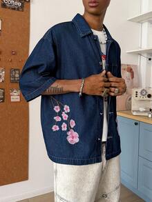 STEELVANCE Men's Casual Floral Embroidered Front Button Dropped Shoulder Loose Denim Jacket, Summer - Blue - View 4