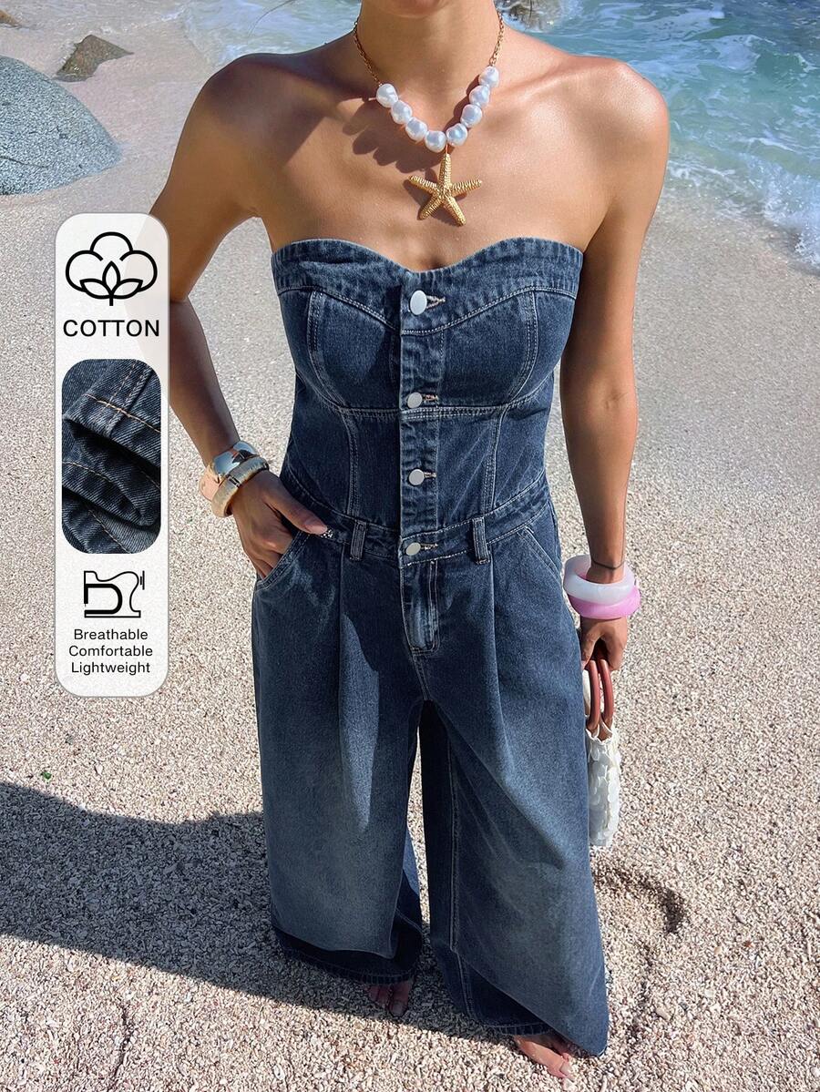 DAZY 女士休闲水洗牛仔连体裤，抹胸设计 - 中等水洗藍 - 查看 1