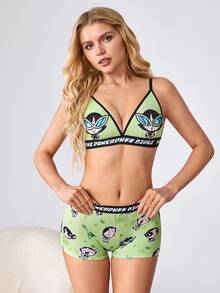 THE POWERPUFF GIRLS X SHEIN Women's Comfortable Cartoon Print Lingerie Set - Green - View 3