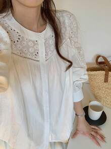 DAZY Women's Round Neck Lace Patchwork Open Front Long Sleeve Casual Elegant Blouse - White - View 7