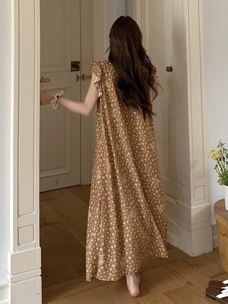 Cute Floral & Bear Print Sleeveless Loose Long Dress, Summer Sleepwear Nightgown For Women