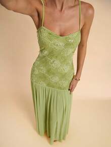 SHEIN BAE Vestido largo sin mangas con parches de malla de jacquard de terciopelo con estampado floral y frutas de primavera y verano, elegante vestido para invitada de boda, vestido verde, vestido elegante, vestido de vacaciones, vestido para fiesta de cumpleaños, vestido para volver al colegio/graduación - Verde - Ver 6