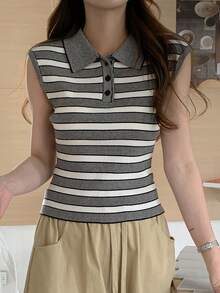 DAZY Contrast Stripe Fitted Polo Collar Casual Vacation Summer Knit Top For Women - Grey - View 4