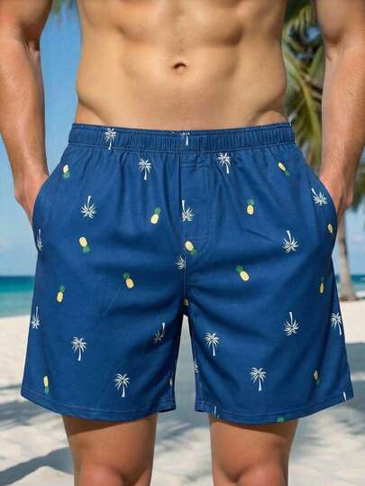 Manfinity Swimmode Summer Casual Fashion Hawaiian Style Blue Printed Men's Beach Shorts, Suitable For Beach Vacation