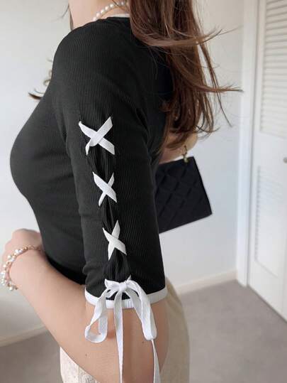 FRIFUL Women's Round Neck Fitted Sleeve Criss-Cross Bow Decor Sweet Short Sleeve T-Shirt