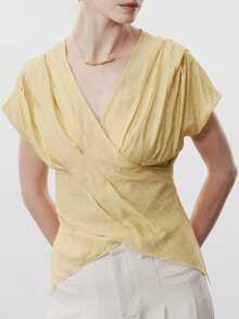 Aalyst Women's Spring/Summer Casual Blouse, Elegant V-Neck Crossover Pleated Design, Slim Fit Short Sleeve Shirt, Yellow - Yellow - View 6