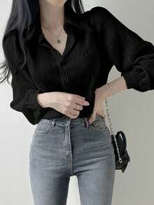 Dazy Tall 女士翻领纹理宽松开襟黑色休闲长袖衬衫 - 黑色 - 查看 3