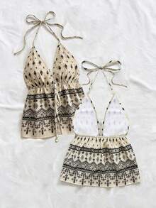 INAWLY Tie-Up Bow Backless Geometric Print Camisole For Women - Multicolor - View 4