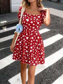 Pariaura INS Valentine's Day Heart Backless Tie Strap Cap Sleeve Dress For Women - Red - View 3