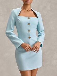 SHEIN Apricot Two Pieces Suit Set – Square Neck Buttoned Blazer With Long Sleeves & Matching High-Waist Mini Skirt Fake Linen - Apricot - View 5