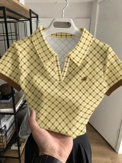 Rovax Vintage American Style Yellow-Brown Striped, Small Horse Logo Print Women's Casual Collared Polo Shirt