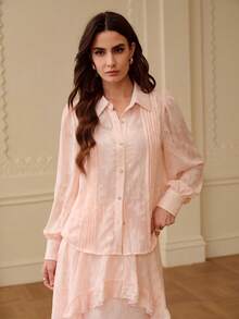 ZEYLAH Elegant Jacquard Blouse & Ruffle Hem Skirt Set, Spring/Summer - Baby Pink - View 5
