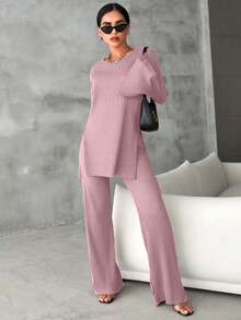 SHEIN Cottnline 2件套女士纯色罗纹长袖上衣和裤子休闲套装 - 淺粉色 - 查看 3