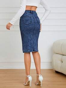SHEIN Essnce Casual Washed Slit Fitted Denim Mini Skirt, Summer - Dark Wash - View 2