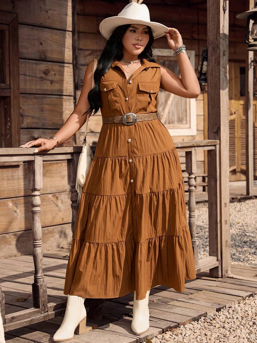 LanaWest CURVE Vestido de verano con cuello de camisa, plisado, bolsillo y cintura ceñida para mujer de talla grande, adecuado para vacaciones, festivales de música y estilo boho occidental - Óxido marrón - Ver 1