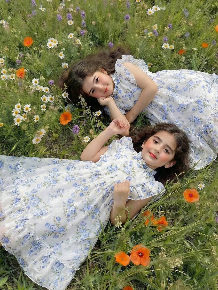 SHEIN Elladie kids Đầm hoa không tay dáng phồng in hình hoa hồng cho bé gái 2-5 tuổi, khóa kéo phía sau, thanh lịch, đa năng, ngọt ngào và dễ thương, kiểu đầm công chúa thích hợp mặc hàng ngày, mùa xuân/hè. - Màu xanh lam - Xem 1