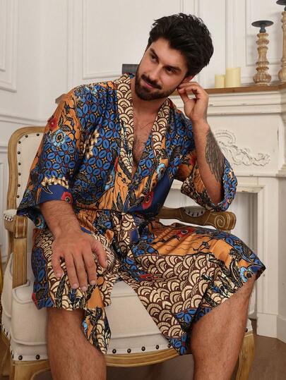 DAZY 多色花卉印花男士长款睡袍，春夏款