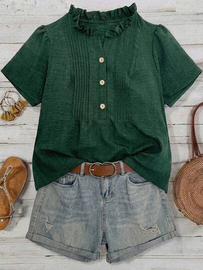 SHEIN LUNE CURVE 时尚休闲复古优雅通勤绿色衬衫，荷叶边下摆，春夏款