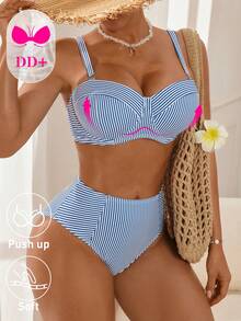Swim DD+ Bộ đồ bơi 2 mảnh dành cho nữ, màu xanh sọc, có gọng, cỡ cúp DD+, nâng đỡ vòng một, giúp thon gọn vóc dáng, thích hợp cho kỳ nghỉ biển. - Nhiều màu - Xem 4