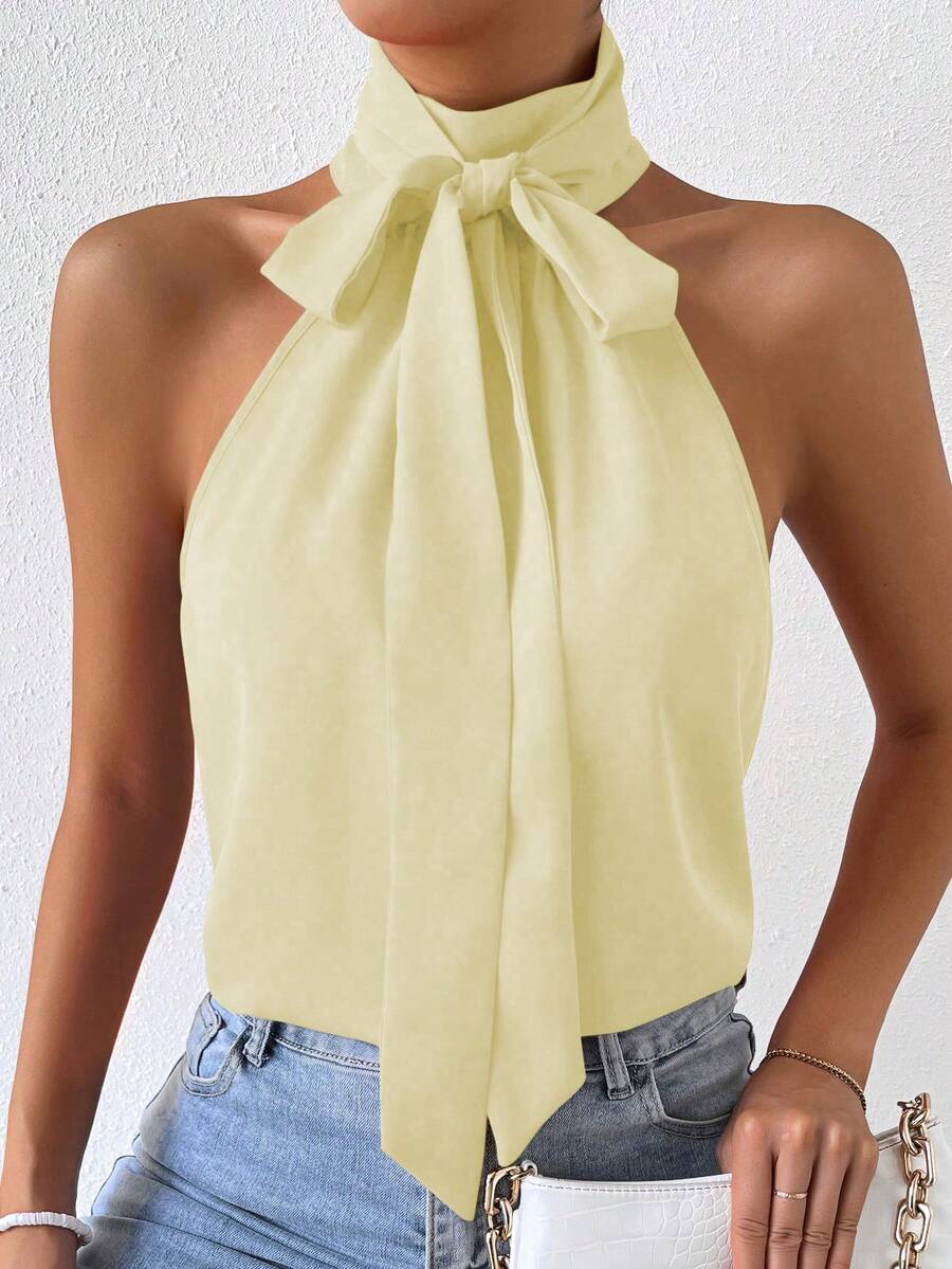 RosyDaze Women's Solid Color Tie-Neck Casual Versatile Daily Wear Shirt - Light Yellow - View 1