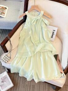 SHEIN Franclia Elegant Bowknot Ruffle Trim Loose Halter Top And Shorts 2-Piece Set, Commuting & Casual, Spring/Summer - Mint Green - View 1