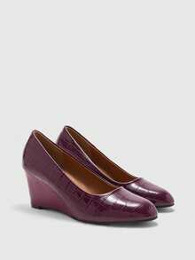 CUCCOO BIZCHIC Burgundy Crocodile Pattern Patent Leather Wedge Pumps, Retro, Fashionable And Versatile Commuting Style - Burgundy alligator pattern - View 7