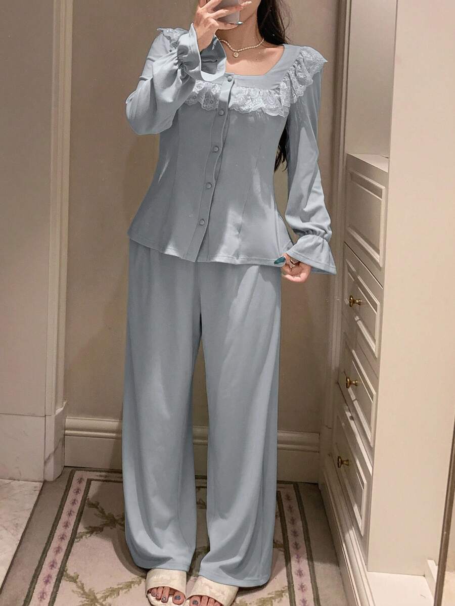 DAZY 2件組女款春季睡衣套裝,麻灰針織面料浪漫蕾絲飾邊開襟外套與直筒長褲睡褲 - 藍色 - 查看 1