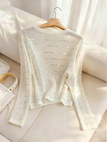 Airaco 女士休闲通勤亮片拼接镂空长袖轻薄针织T恤，春夏秋季 - 白色 - 查看 2