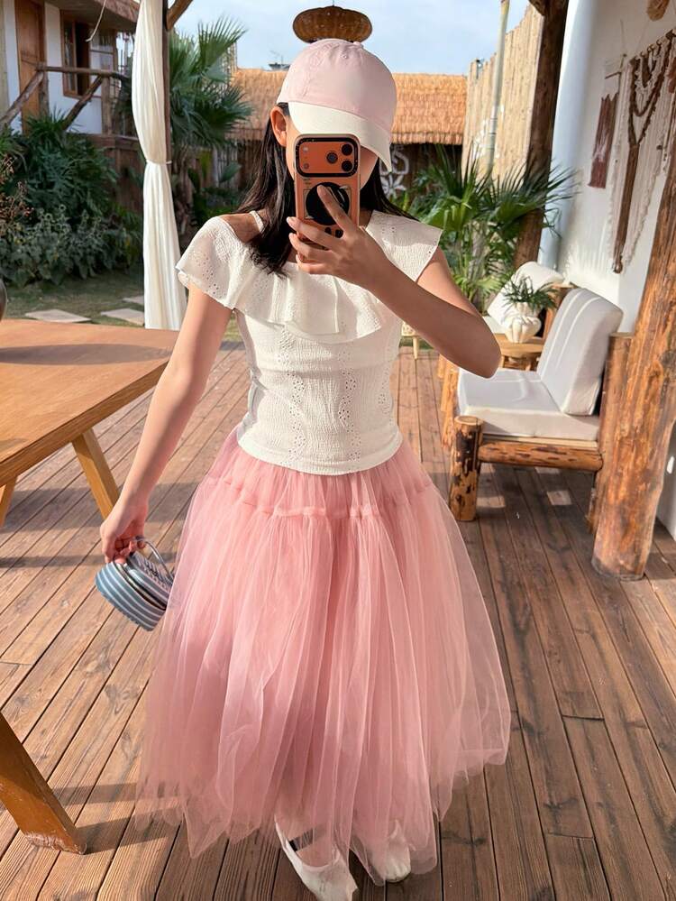 Tween Girls' Summer Casual Vacation Solid Color Schiffy Asymmetrical Ruffle Collar Fitted T-Shirt