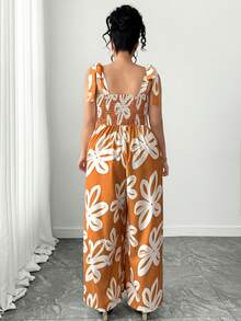 Elenzga Bộ jumpsuit in hoa màu vàng, phong cách thời trang mùa xuân hè, thoải mái, kiểu Pháp cổ điển, thanh lịch, thích hợp đi làm, thắt nơ eo. - Màu vàng - Xem 2