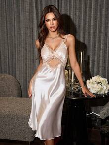 SilkySpell 一件装女士性感深V睡袍，优雅缎面长裙，蕾丝边饰，四季皆宜，白色正式礼服，婚礼，女士优雅连衣裙，长裙，舞会礼服，优雅连衣裙，白色连衣裙 - 白色 - 查看 7