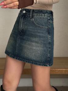 Dazy Tall Tall Women's Regular Waist Short Straight Denim Skirt, Casual Street Style - Dark Wash - View 3