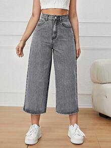SHEIN EZwear 女士高腰口袋阔腿宽松休闲七分牛仔裤 - 淺灰色 - 查看 6