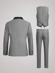 Officeau Caelus 三件套男士修身正装西装，高品质商务/社交/婚礼礼服套装，包含外套、裤子和马甲。 - 淺灰色 - 查看 3