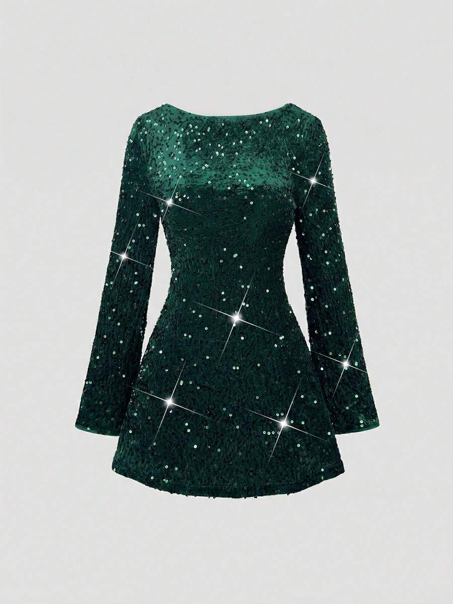 SHEIN Unity Vestido mini con lentejuelas y espalda descubierta, atuendos para el Día de San Valentín - Verde Oscuro - Ver 1