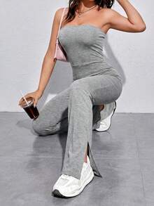 SHEIN EZwear 夏季黑色开衩下摆修身喇叭连体裤 - 灰色 - 查看 3