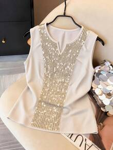 GlowEve 女士优雅休闲翻领亮片装饰背心衬衫 - 卡其色 - 查看 5