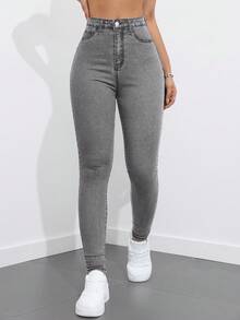SHEIN ICON 女士高腰口袋修身休闲百搭牛仔裤 - 灰色 - 查看 4