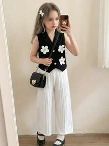 Elladie kids 两件套女童夏季黑色无袖翻领开襟短款碎花背心搭配白色直筒休闲裤，简约时尚百搭通勤装 - 黑與白 - 查看 1