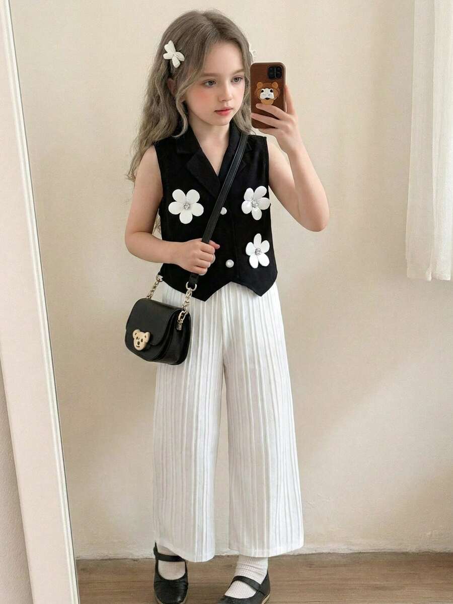Elladie kids 两件套女童夏季黑色无袖翻领开襟短款碎花背心搭配白色直筒休闲裤，简约时尚百搭通勤装 - 黑與白 - 查看 1