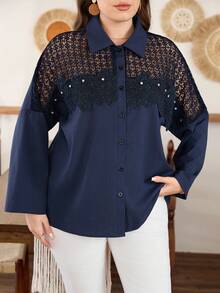 Lacomfia Plus Size Women's Navy Blue Summer Elegant Festa Hollow-Out Mesh Patchwork Long Sleeve Lace Rhinestone Blouse Cuff Diamond Decor Fashionable Jacket - Navy Blue - View 5