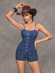 Jeanoix Women's Y2K Casual Vacation Style Button Fly Fitted Denim Romper For Daily Commute, Summer - Medium Wash - View 4