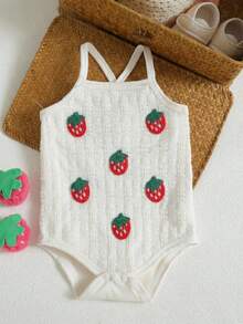 女婴杏色镂空草莓吊带连体衣，甜美可爱婴儿夏季连体衣 - 杏色 - 查看 12